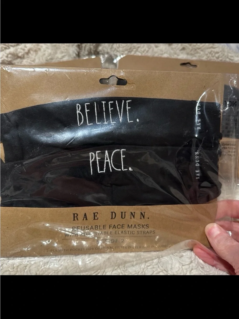 RAE DUNN 4 Packages Stitched Believe & Peace Reusable Fabric Black Masks NEW!
